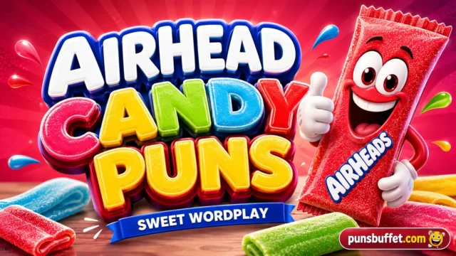 Colorful 3D text reading "Airhead Candy Puns" with a cheerful balloon mascot holding candies.