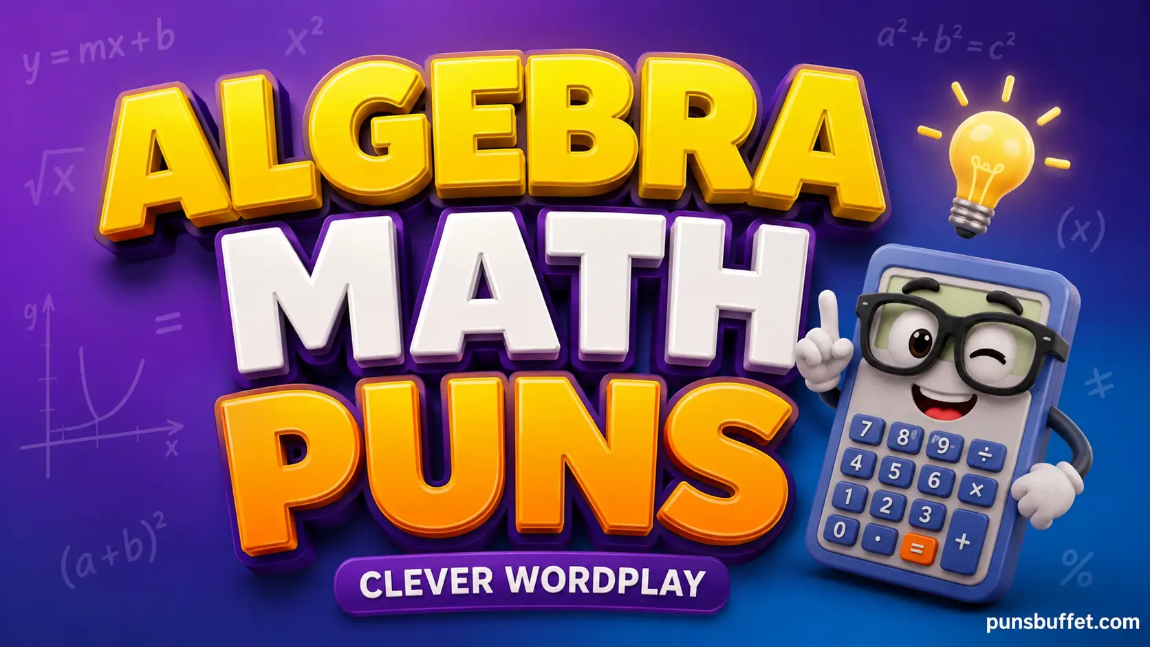 A friendly cartoon calculator mascot next to bold 3D blue typography reading Algebra Math Puns on a light blue background.