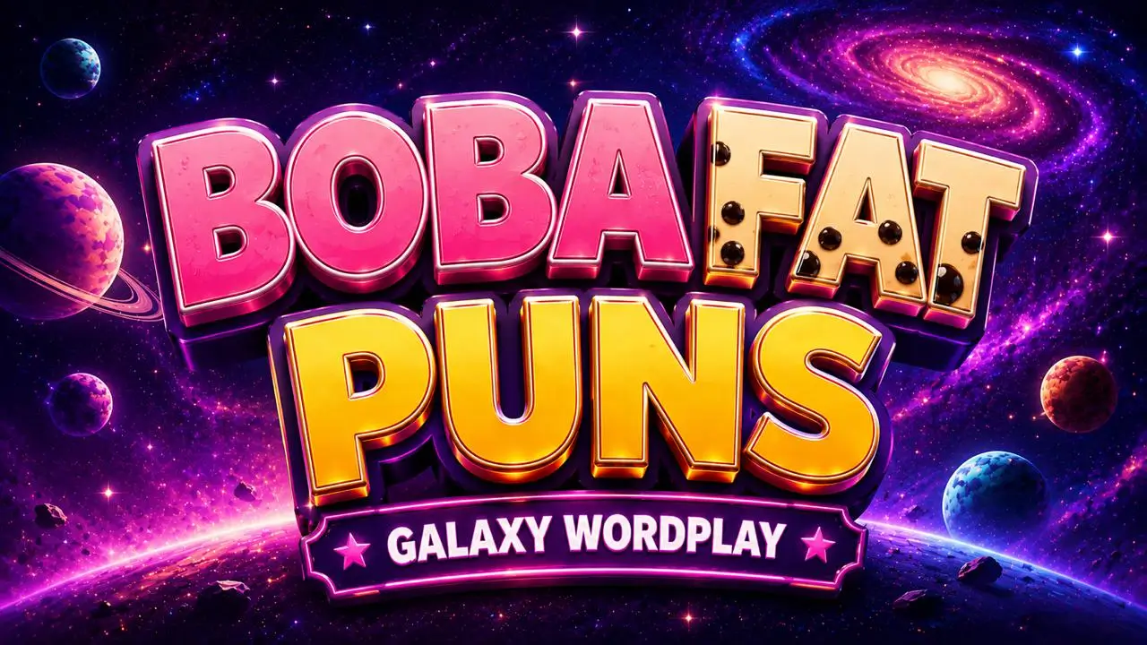 Boba Fett puns title text reading Boba Fat Puns set against a space galaxy background