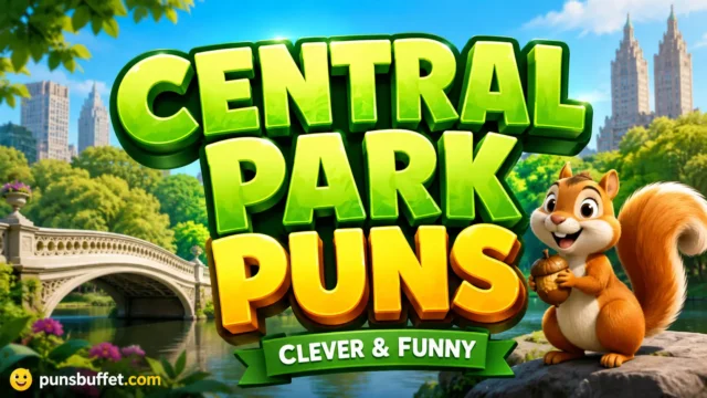 A friendly cartoon squirrel next to large 3D green text that reads CENTRAL PARK PUNS with the tagline CLEVER HUMOR.