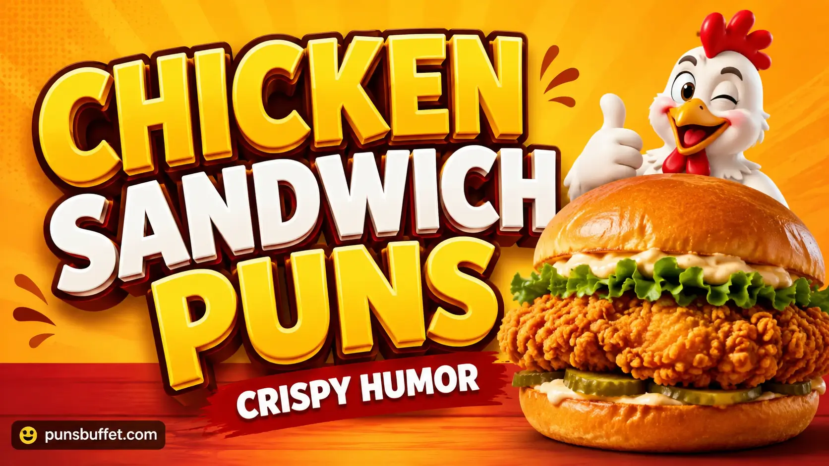 Featured image featuring 3D text reading chicken sandwich puns next to a cartoon chef chicken mascot.