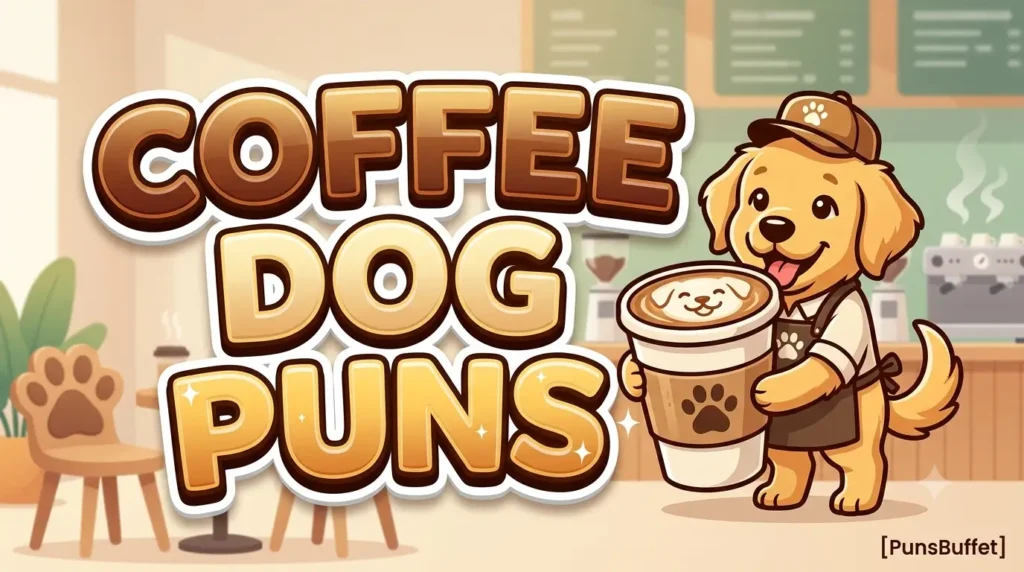 Chunky 3D text reading "COFFEE DOG PUNS" with a cute barista dog in a cafe.
