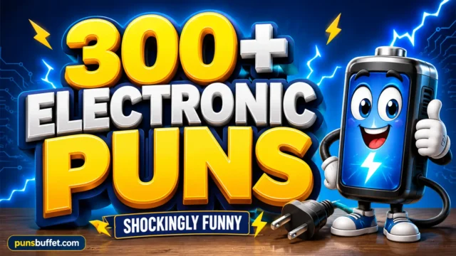 Featured thumbnail with bold 3D electronic puns text and a cheerful robot mascot holding a lightning bolt.
