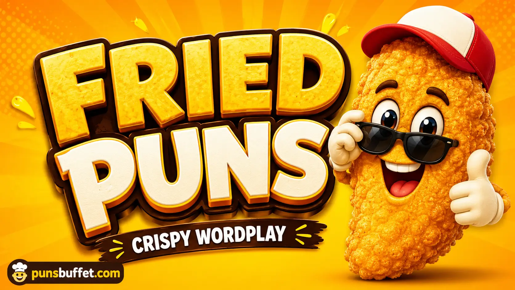 Golden 3D headline reading Fried Puns with a cartoon french fry mascot on a bright background.