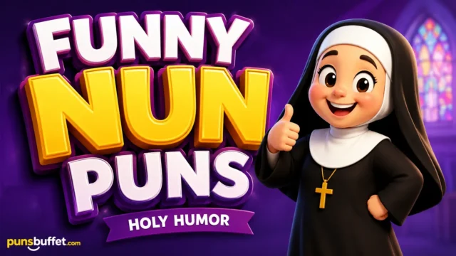 A cheerful winking nun mascot stands next to large, bold 3D letters spelling NUN PUNS, illustrating funny nun puns