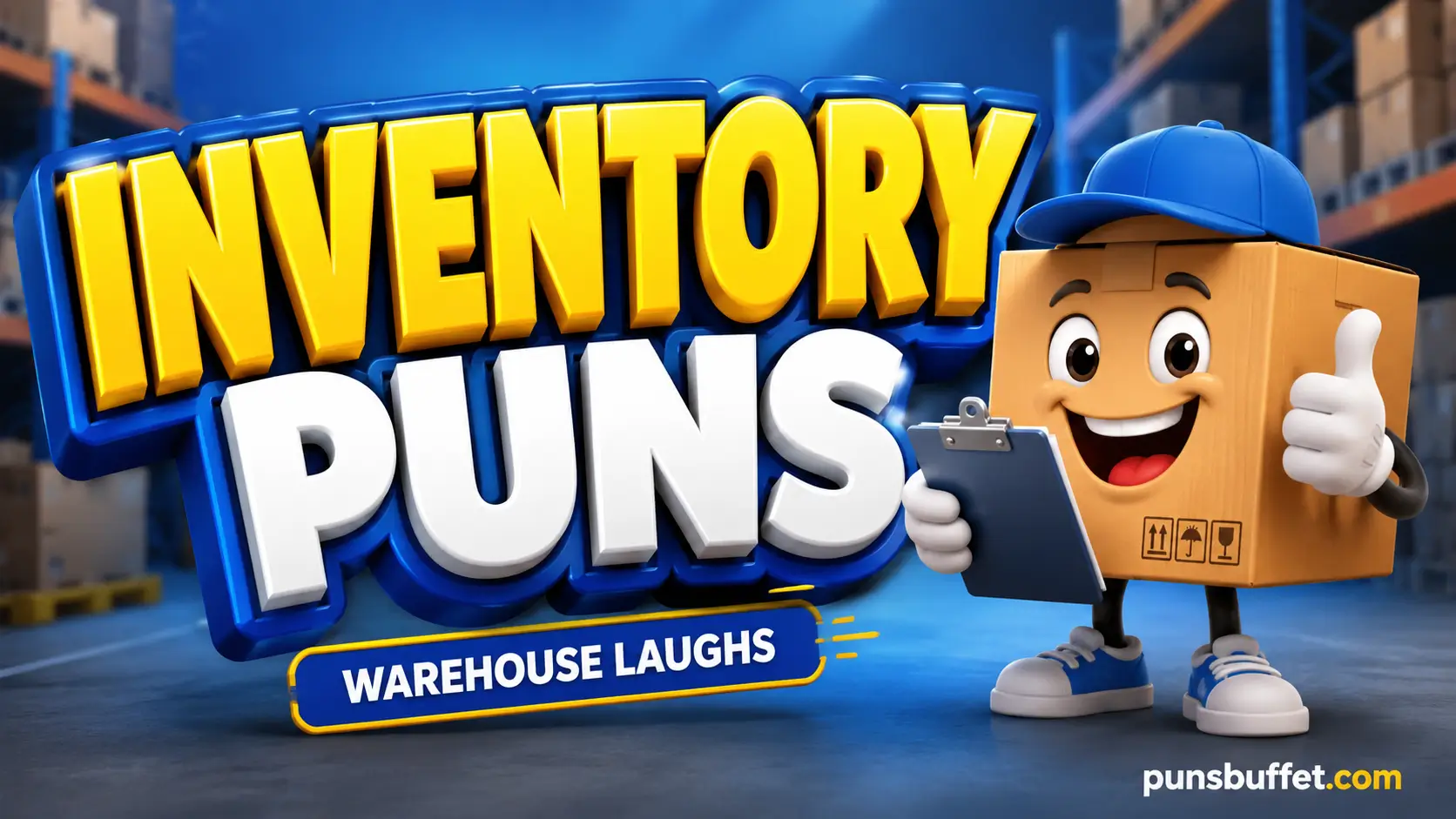 Inventory puns featured image with a warehouse mascot and bold 3D typography
