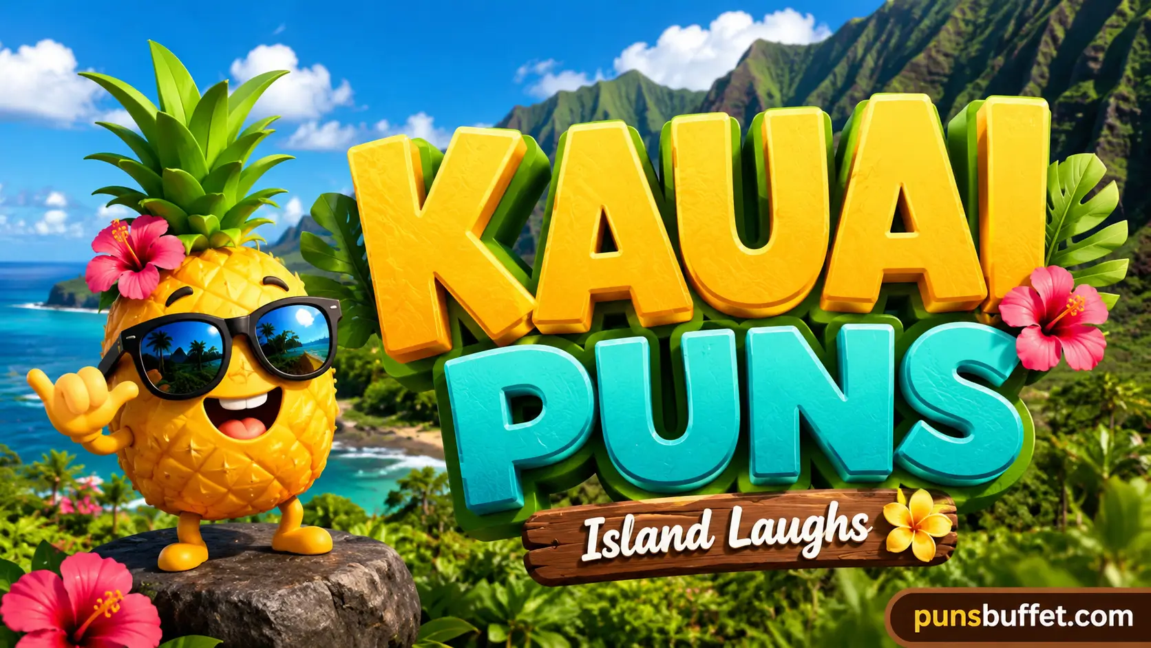 A cheerful sea turtle next to bold 3D text for Kauai Puns on a sunny tropical beach.