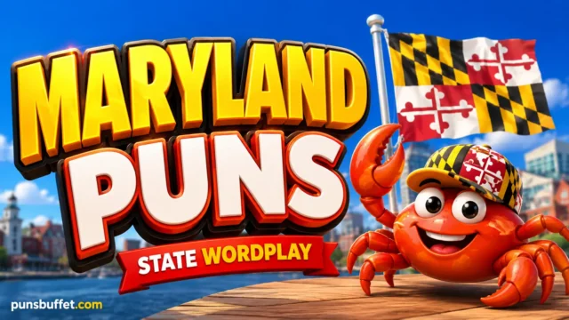 A vibrant featured image for 'maryland puns' with a blue crab mascot and 3D typography.