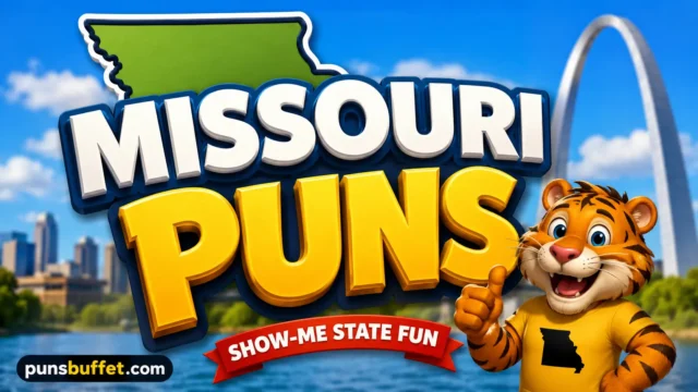 A featured image for an article about Missouri puns, featuring 3D text and a smiling mule mascot.