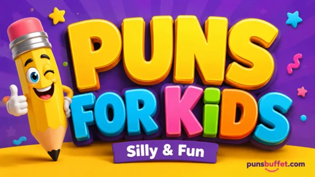 Colorful 3D title reading 'PUNS FOR KIDS' with a cartoon monkey.