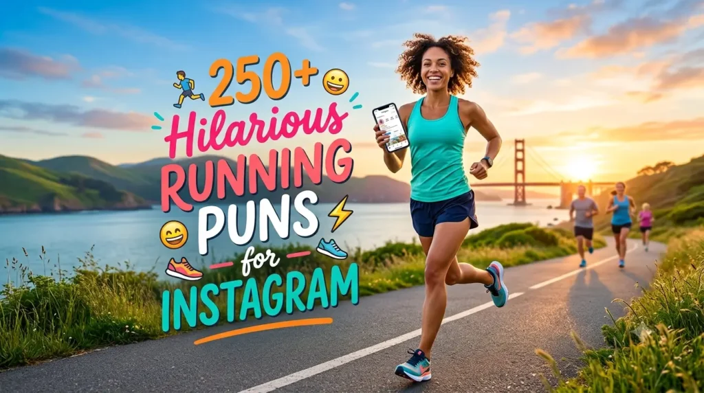 A joyful woman in athletic wear runs on a coastal path at sunset, holding a phone with an Instagram feed, alongside a stylized graphic text box that reads "250+ HILARIOUS RUNNING PUNS for INSTAGRAM" and features assorted emojis