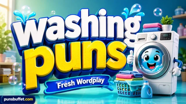A colorful featured image displaying 3D text reading washing puns with a cheerful cartoon washing machine mascot.