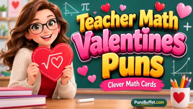 Chunky 3D text reading 'MATH VALENTINES PUNS' with an owl teacher mascot on a pink background.